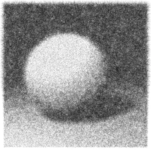 A raytraced scene is rendered using randomly placed strokes. The length of a stroke is inversely proportional to the brightness of the corresponding pixel of the raytraced scene.
#raytracer #pixels #rays