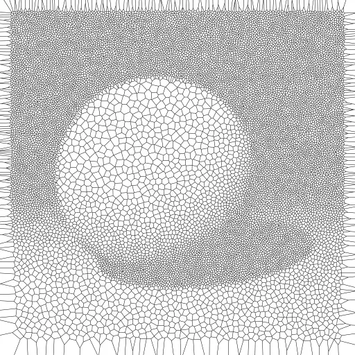 Points of the raytraced scene are found using the same algorithm as used in: https://turtletoy.net/turtle/7367ba3a0c.

All points are connected using  Delaunay triangulation. A Voronoi is created based on these triangles. I have used the Delaunay triangulation implementation of Mapbox: https://github.com/mapbox/delaunator

#raytracer #pixels #rays #Delaunay #triangulation #voronoi