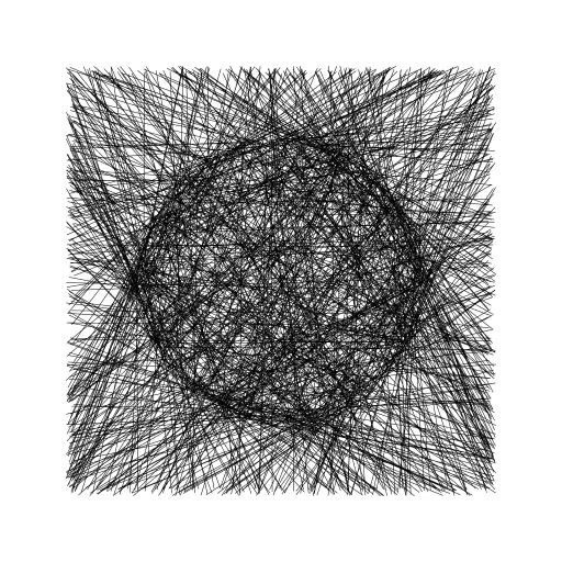 Many lines from random position on edge from square to random position on edge of circle.