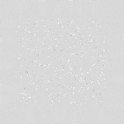 A quick experiment to visualize a 2D Signed Distance Field (SDF) using the Contour Lines utility code from https://turtletoy.net/turtle/104c4775c5

For more 2D SDF functions see: https://www.iquilezles.org/www/articles/distfunctions2d/distfunctions2d.htm

#contourlines #sdf #signeddistancefields