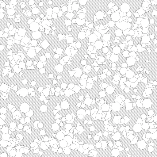 The first test of a (very naive) algorithm used to calculate the visible parts of the line segments of a polygon that is (partly) occluded by other polygons.
The algorithm doesn't work well with edge cases (overlapping lines or polygons that share one or more vertices). I tried to come up with a function that would give me a set of non-overlapping lines, so I can draw the result directly with my plotter.

#polygons