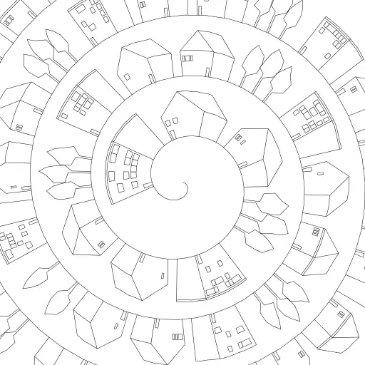 Drawing houses and some trees on path. Made a custom lineto/moveto functions that take path angle in account.

Inspired by my very own drawing https://www.instagram.com/p/B1D7RpiI4p-/