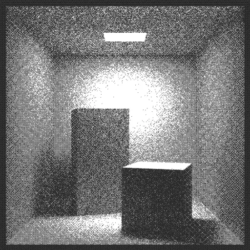 Somebody had to...
I have created a path tracer to render the Cornell Box (https://en.wikipedia.org/wiki/Cornell_box).
Ray trace code base on the (excellent) book "Ray tracing in one weekend" (http://in1weekend.blogspot.com/2016/01/ray-tracing-in-one-weekend.html) by Peter Shirley (@Peter_shirley). 
The code is simplified for this specific scene, and I have added direct light sampling to reduce noise.

#raytracer #pixels #rays #dithering
