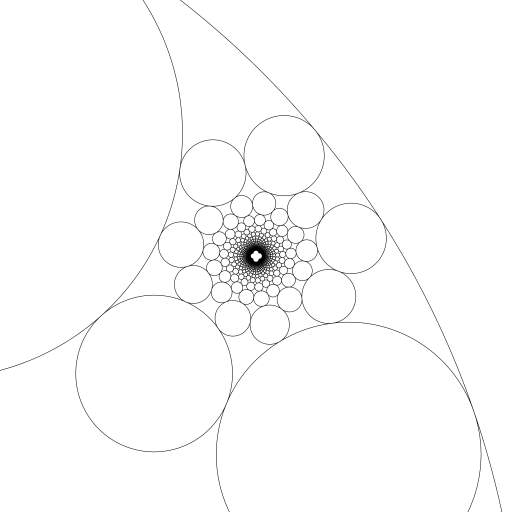 A method of drawing infinitely many touching circles, based on this tweet https://twitter.com/matthen2/status/1256824725814120448 by @matthen2 and https://youtu.be/sG_6nlMZ8f4.