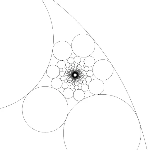 A method of drawing infinitely many touching circles, based on this tweet https://twitter.com/matthen2/status/1256824725814120448 by @matthen2 and https://youtu.be/sG_6nlMZ8f4.