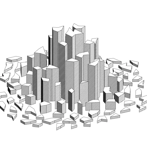 Inspired by https://twitter.com/balidani/status/1215105239361163264
How it kinda works: (use the "step" slider to see this process π)
1. generate points in circle using poisson disc util https://turtletoy.net/turtle/b5510898dc
2. grab group of points, make shapes
3. for each segment of shape, draw rectangle kind of shape upwards
4. use polygon util for clipping , draw from front to back https://turtletoy.net/turtle/a5befa1f8d
5. use hatching for lighting
Thanks to @reinder for utils and help on this one!