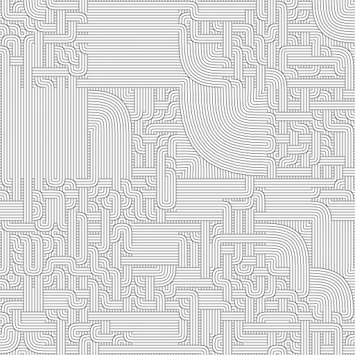 Bezier curves are used to generate multi-scale quad or double quad Truchet tiles. Inspired by @revdancatt: https://twitter.com/revdancatt/status/1410268274009456642

Variation: https://turtletoy.net/turtle/913672c491#type=1,minDepth=2,maxDepth=5,subDivChange=0.5,numLines=1,curviness=1

#truchet #bezier