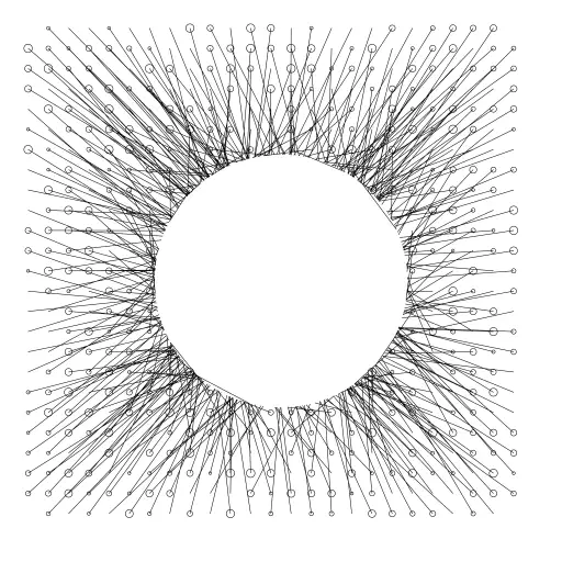 Draw from grid positions to some random position at large circle.
It's not perfect, but who like perfection anyway.
https://twitter.com/mknol