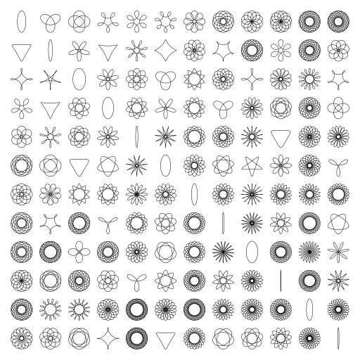 A collection spirographs (https://en.wikipedia.org/wiki/Spirograph)



#spirograph