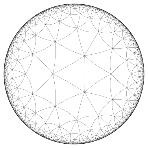 This is my second attempt at drawing the Poincaré disk model in a turtle.

Variation: https://turtletoy.net/turtle/d176924430#n=3,k=5,recursion=7,size=90,centerOffset=0,drawFullGeodesics=1

Useful Resources:
https://en.wikipedia.org/wiki/Poincar%C3%A9_disk_model
https://strauss.hosted.uark.edu/papers/hypcomp.pdf
https://mathcs.clarku.edu/~djoyce/poincare/
https://www.shadertoy.com/view/3tBGDD

#Poincare 
