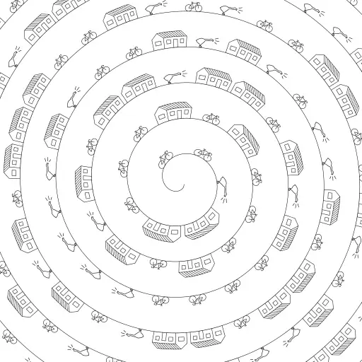 A tortoise (see: https://turtletoy.net/turtle/102cbd7c4d) with a 'spiral transform' is used to draw houses, bicycles, and geese.
#tortoise